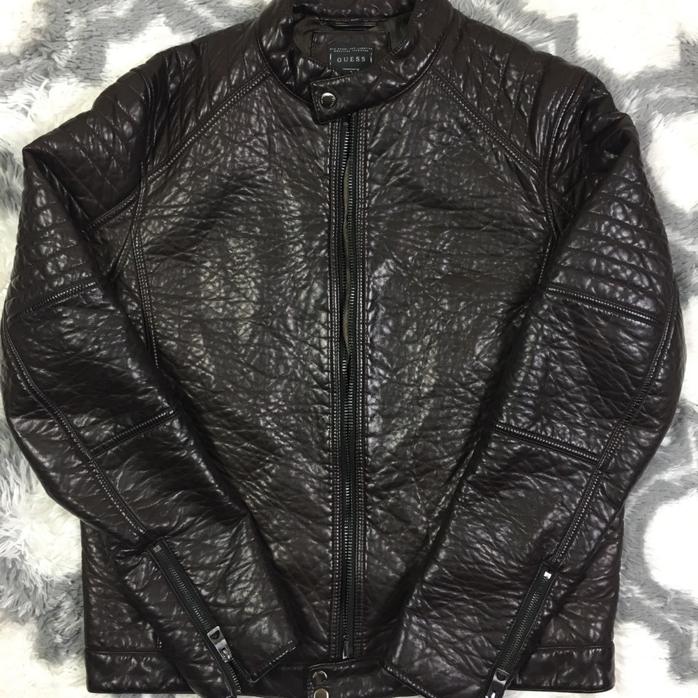 GUESS Men's Faux-Leather Brown Motorcycle Jacket  SZ Large
